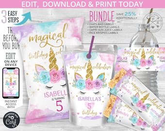 BUNDLE Unicorn magical chip or snacks bag, water bottle label, rice krispies labels, chips pouch, favors, self editable printable. 046HPA 23