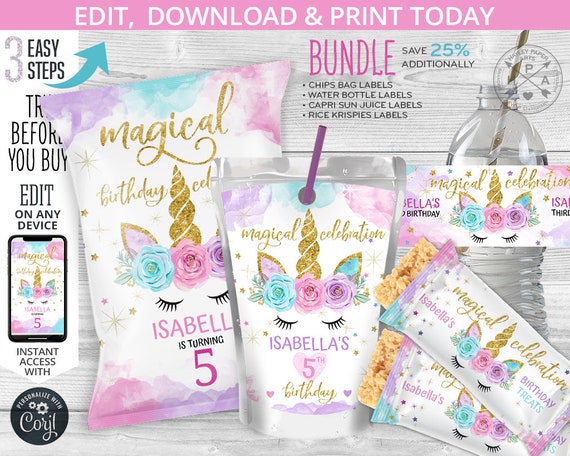 BUNDLE Unicorn magical chip or snacks bag, water bottle label, rice krispies labels, chips pouch, favors, self editable printable. 046HPA 23 Il_570xn