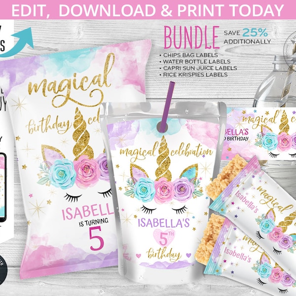 BUNDLE Unicorn magical chip or snacks bag, water bottle label, rice krispies labels, chips pouch, favors, self editable printable. 046HPA 23