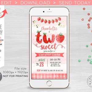 Strawberry TWO sweet berry second electronic birthday invitation berries farm party smartphone e-vite digital. Selfediting. E223 05 223hpa