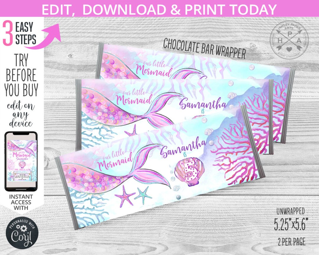 Mermaid Chocolate Bar Wrapper Pink Tail Birthday Celebration Candy ...