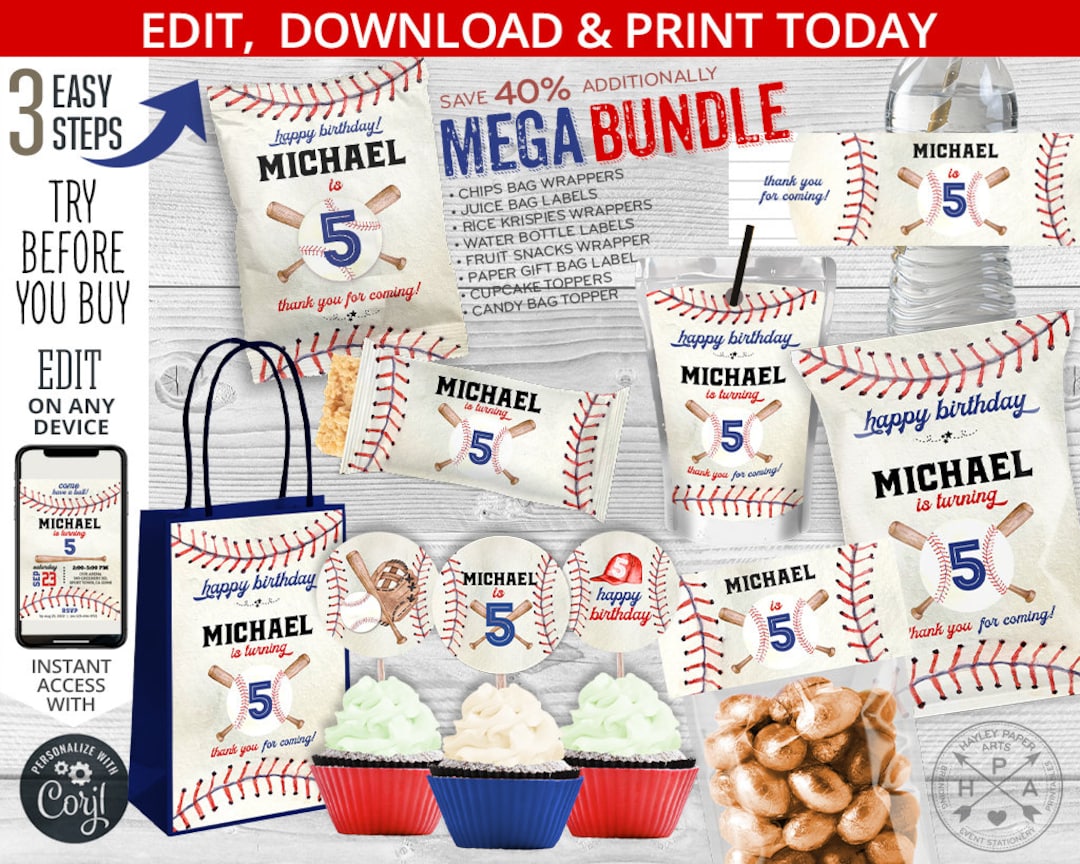 MEGA BUNDLE Baseball Birthday Party Pack, Chips Bags, Juice, Krispies ...