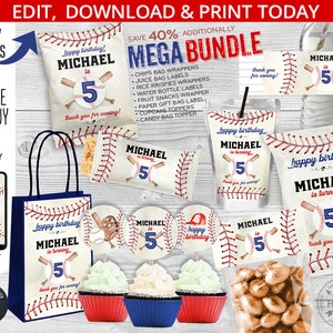 MEGA BUNDLE Baseball Geburtstags-Party-Pack, Chips-Tüten, Saft, Krispies-Wrapper, Snacks für Tags Etiketten. Bearbeitbare Druckdateien. 191HPA 64