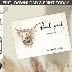 Tarjeta de agradecimiento de vaca. Holy Cow Highland gracias Moo rectangular 3.5x5"". Tarjeta rellenable con etiqueta de fiesta de granja marrón rústica y divertida. 210HPA 11J