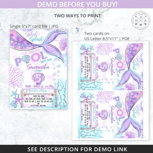 May include: A mermaid-themed pool party invitation with a purple and blue colour scheme. The invitation features a mermaid tail, seashells, and the text "Splish! Splash!" and "Samantha's Pool Party Bash".