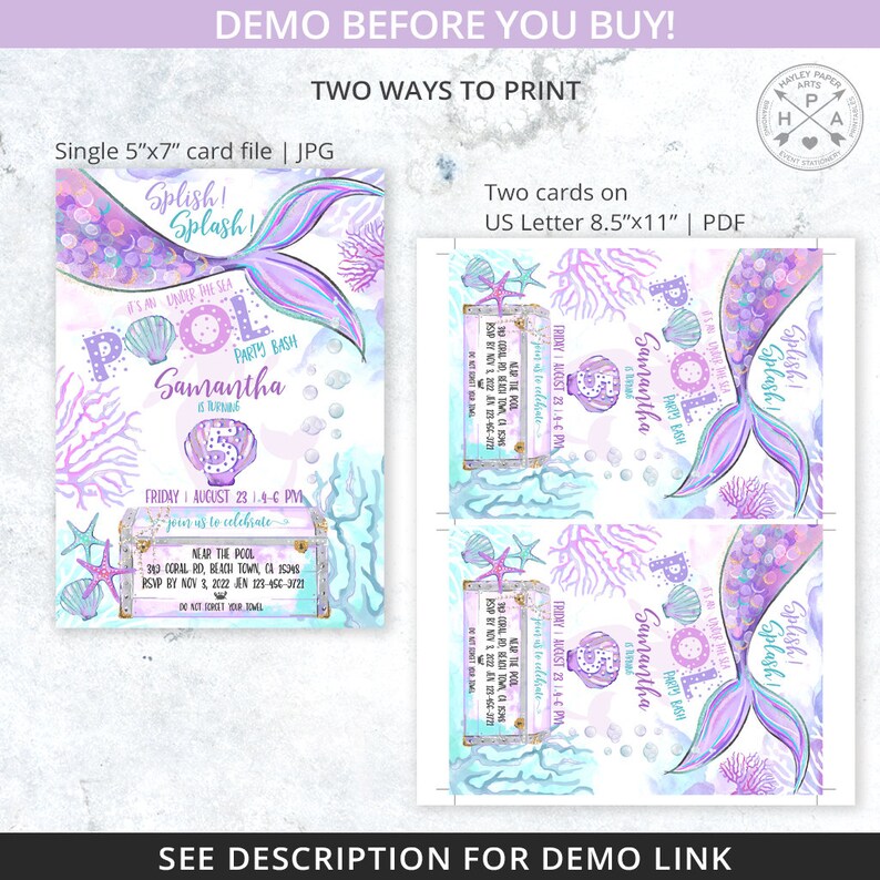 May include: A mermaid-themed pool party invitation with a purple and blue colour scheme. The invitation features a mermaid tail, seashells, and the text "Splish! Splash!" and "Samantha's Pool Party Bash".