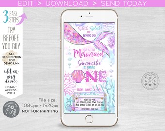 May include: A digital invitation for a mermaid-themed first birthday party. The invitation features a watercolour illustration of a mermaid tail with pink and purple scales, a seashell, and the text "Splish Splash! It's a Birthday Bash." The text "Our Little Mermaid Samantha is turning One" is also included, along with the date and time of the party. The invitation is designed to be sent electronically.