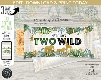 Jungle two wild rice krispies trata la etiqueta de envoltorio de animales de safari, el segundo cumpleaños favorece krispy crispy. Imprimibles editables. 040HPA 37B