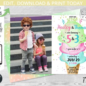 May include: A printable invitation for a 5th and 3rd birthday party. The invitation features a colorful ice cream cone with sprinkles and the text "Here's the scoop Hailey & Thomas are turning 5 & 3 join us for a sweet celebration Saturday July 29 2-5 pm 319 Berry Rd Ice Town, CA 15918 RSVP by July 3 Jen 123-456-9721".