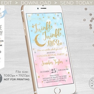 Twinkle twinkle little star gender reveal party electronic baby shower pink blue gold invitation smartphone e-vite. 400HPA E009 05 009HPA image 5