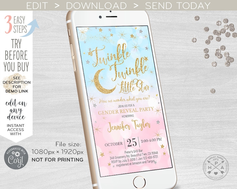Twinkle twinkle little star gender reveal party electronic baby shower pink blue gold invitation smartphone e-vite. 400HPA E009 05 009HPA image 5