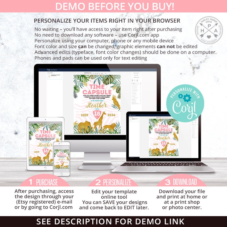 K&ouml;nnte beinhalten: Ein digitales Mockup, das zeigt, wie man eine druckbare "Zeitkapsel"-Partyeinladung mit Dschungeltier-Motiv personalisiert. Die Einladung ist in einem rosa und goldenen Farbschema gehalten und zeigt eine Giraffe, ein Zebra und einen L&ouml;wen. Der Text auf der Einladung lautet "Zeitkapsel" und "Heather 18". Die Einladung wird auf einem Computerbildschirm, einem Laptop und einem Tablet angezeigt. Der Text auf dem Bildschirm lautet "Personalisieren mit Corjl".