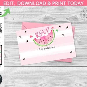 May include: Pink and white striped RSVP card with a watercolor watermelon illustration. The text "RSVP" is written in a white cursive font. The text "Enter you text here" is written in black.