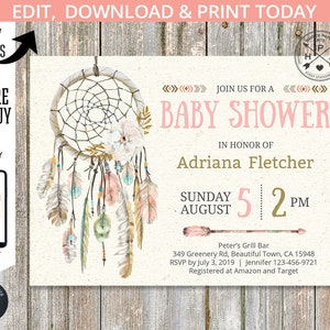 Invito boho per baby shower Dreamcatcher. Piume tribali Boho beige pastello. Modificabile stampabile. Personalizzato da te. 017HPA02
