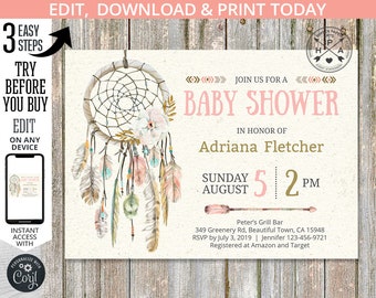 Dreamcatcher baby shower boho invitation. Bohemian tribal feathers beige pastel. Editable printable. Customized by you. 017HPA 02