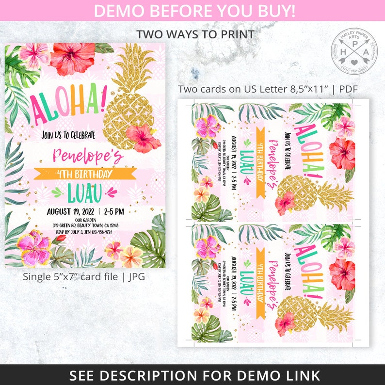 May include: A pink and green luau party invitation with a pineapple, flowers, and the text "Aloha! Join us to celebrate Penelope's 4th Birthday Luau".
