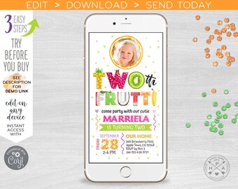 TWOtti frutti electronic second birthday tutti fruity two-tti invitation 2nd invite smartphone e-vite digital invite. 400HPA E028 02 028HPA