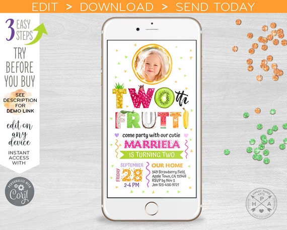TWOtti frutti electronic second birthday tutti fruity two-tti invitation 2nd invite smartphone e-vite digital invite. 400HPA E028 02 028HPA Il_570xn