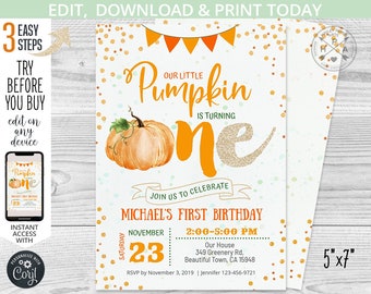 Pumpkin first birthday ONE invitation orange fall gold glitter boy patch autumn party invite invitations. Editable template. 079HPA 01