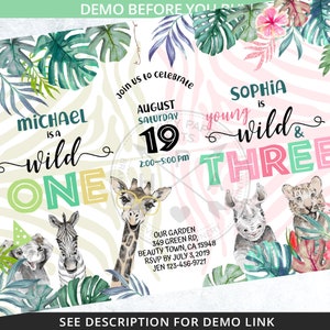 May include: A colorful invitation for a birthday party with a jungle theme. The invitation features a giraffe, zebra, rhino, and tiger. The text on the invitation reads "Join us to celebrate...August 19th...Michael is a wild one...Sophia is young wild & three...2:00-5:00 PM...Our Garden...349 Green Rd...Beauty Town, CA 15948...RSVP by July 3, 2019...Jen 123-456-9721"