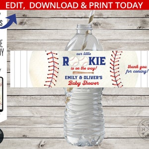 Baseball baby shower water bottle label sports games party. Baseball little rookie on the way bottle wrapper. Editable design. 192HPA 12 A