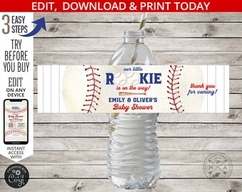 Baseball baby shower water bottle label sports games party. Baseball little rookie on the way bottle wrapper. Editable design. 192HPA 12 A
