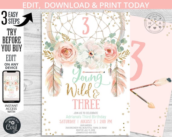 EDITABLE Third birthday dreamcatcher pink gold mint boho girl party invitation. Instant access to the template. Customized by you. 035HPA 01 Il_570xn