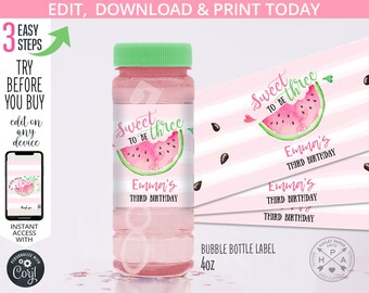 May include: Watermelon-themed printable labels for 4 oz bubble bottles. The labels feature a pink and green watermelon design with the text "Sweet to be Three" and "Emma's Third Birthday".
