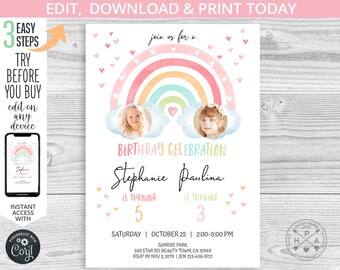 Rainbow birthday sisters girl joint party invitation purple pink pastel clouds watercolor hearts invitations. Editable printable. 182HPA 05