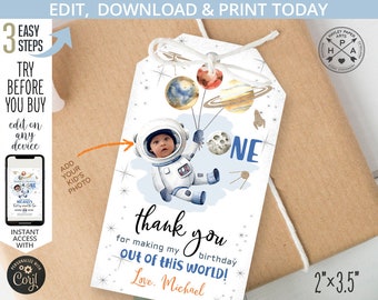 Outer space favor tags galaxy boy astronaut tag planets around the sun celebration birthday party. Editable printable tag. 153HPA 09 A