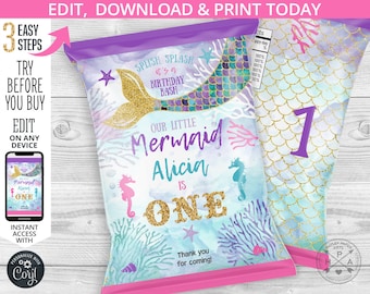 Mermaid chip bag, snacks treat bags, chips pouch, wrapper, under the sea, purple gold, any age birthday party editable printable 060HPA 17 C