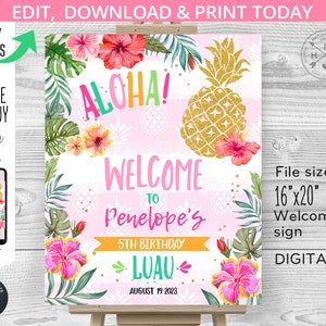 Aloha welcome sign gold pineapple tropical hawaii 16x20 any age birthday luau hibiscus entrance board. Editable printable. 187HPA 16 A