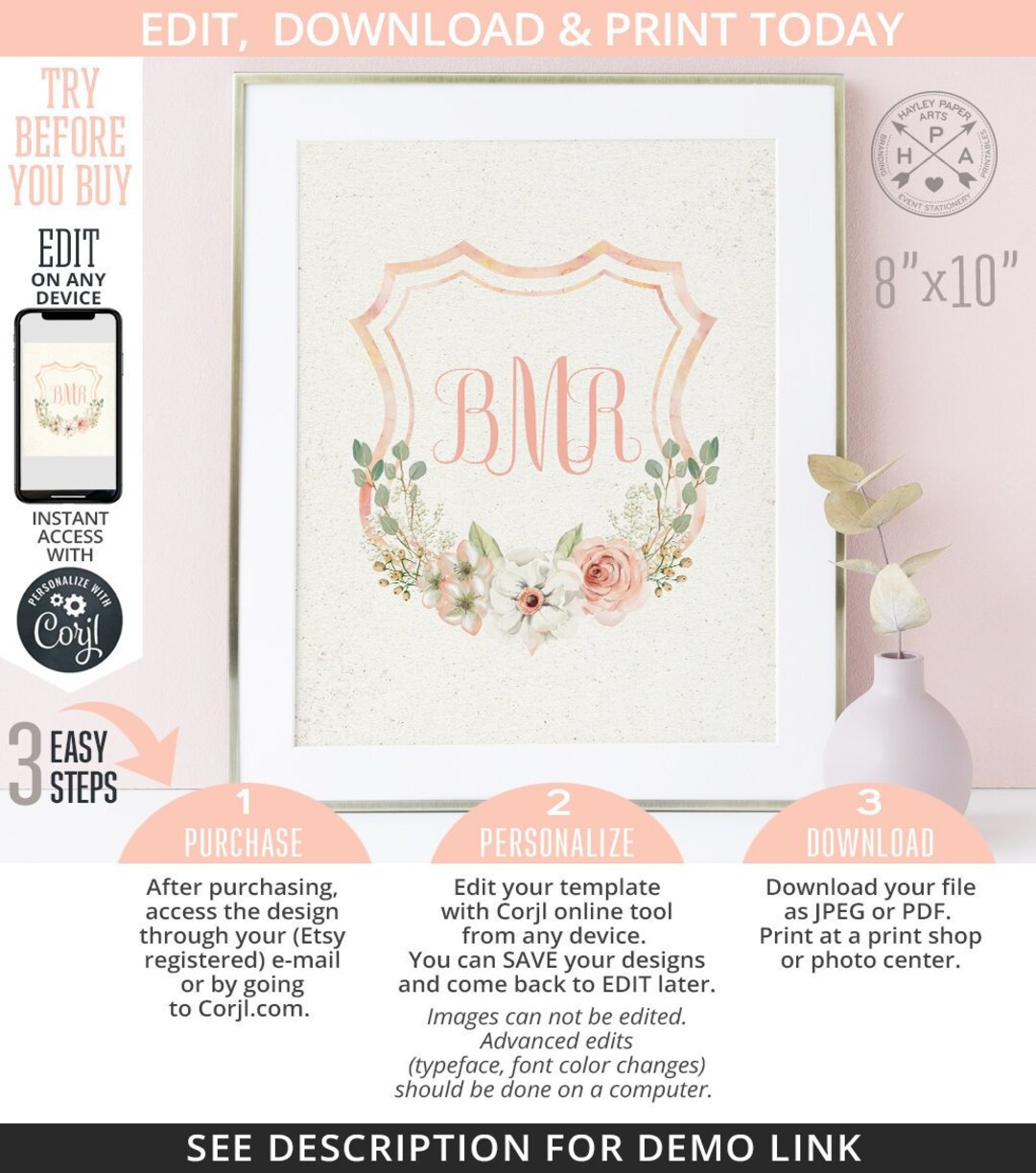 Crest Monogram Floral Nursery Baby Room Initials Heraldry Artwork Wall ...
