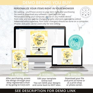 May include: A digital product mockup showcasing a baby shower invitation design on various devices: a desktop computer, laptop, tablet, and smartphone. The invitation features a yellow and white watercolor design with bees and the text "Mama Bee".