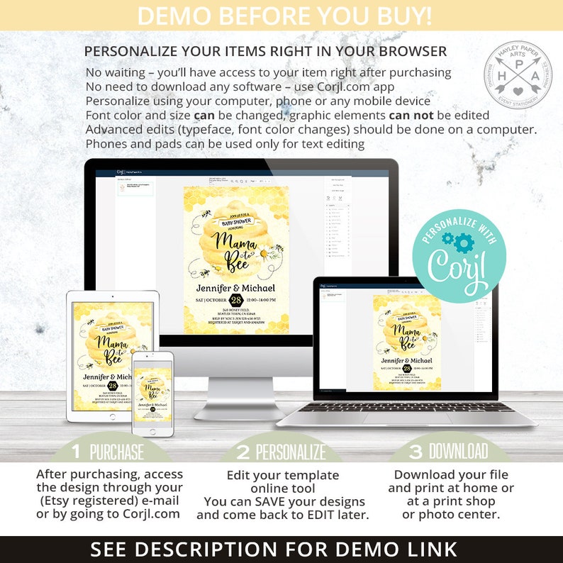 May include: A digital product mockup showcasing a baby shower invitation design on various devices: a desktop computer, laptop, tablet, and smartphone. The invitation features a yellow and white watercolor design with bees and the text "Mama Bee".