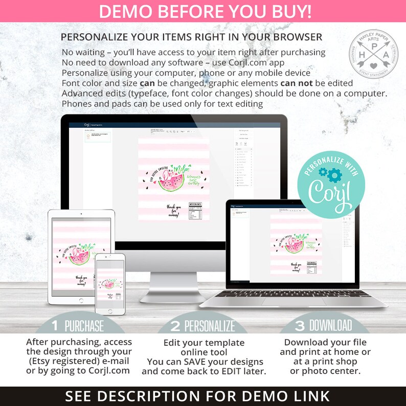 May include: A digital product demo displayed on various devices, including a laptop, tablet, and phone. The design features a watermelon theme with pink stripes and text. Instructions for purchase, personalization, and download are included.