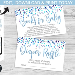 EDITABLE Confetti sprinkled with love boy shower party diaper raffle book request cards. Blue navy glitter. Instant access. 034HPA 05