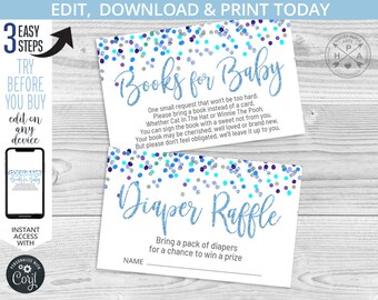 EDITIERBARE Konfetti bestreut mit Liebe Junge Shower Party Windel Raffle Buch Wunschkarten. Blau-Navy Glitzer. Sofortiger Zugriff. 034HPA-05