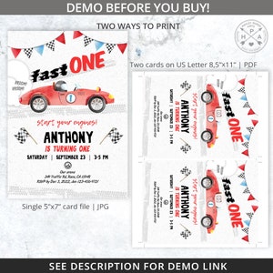 May include: A red race car with a checkered flag and the words "fast one" on a white background. The text "Anthony is turning one" is below the car. The invitation is for a birthday party on September 23rd from 3-5pm.