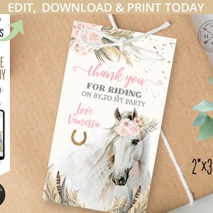Horse cowgirl thank you favor gift tag girl birthday party gallop on over thanks rectangular 2x3.5 label. Editable printable. 176HPA 16 A