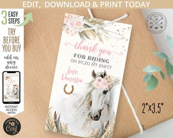 Horse cowgirl thank you favor gift tag girl birthday party gallop on over thanks rectangular 2x3.5 label. Editable printable. 176HPA 16 A