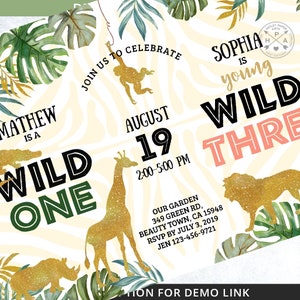 Jungle Wild One Tres invitación de cumpleaños conjunta safari doble niño niña cualquier edad hermanos animales de fiesta. Plantilla imprimible editable. 040HPA 29 imagen 5