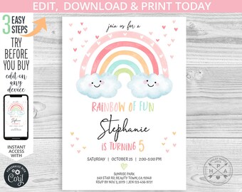 Puede incluir: Una invitación imprimible para una fiesta de cumpleaños con un arcoíris, nubes y corazones. El texto dice "Rainbow of Fun Stephanie cumple 5 años Sábado 25 de octubre | 14:00-17:00 Sunrise Park 349 Star Rd, Beauty Town, CA 15948 RSVP antes del 3 de noviembre de 2019 | Jen 123-456-9721"