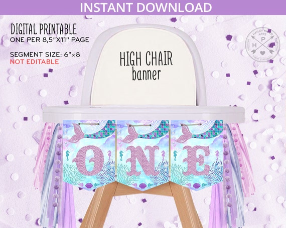 Mermaid high chair ONE banner under the sea lilac glitter mermaid's tail girl 1st first bunting birthday. Not editable download. 060HPA 30 B Il_570xn