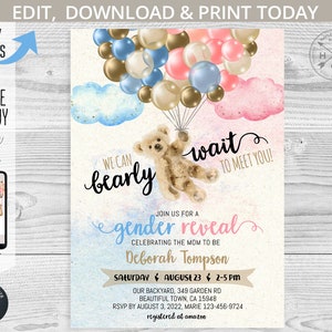 Bear gender reveal shower invitation, bearly wait hot air balloon blue pink flying vintage teddy bear balloons invite. Editable. 195HPA 03 image 1