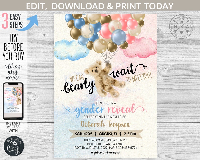 Bear gender reveal shower invitation, bearly wait hot air balloon blue pink flying vintage teddy bear balloons invite. Editable. 195HPA 03 image 1
