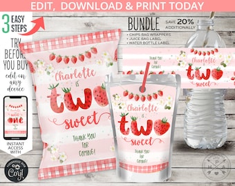 BUNDLE Strawberries TWO sweet berry second chips bag, juice water bottle label, treats favor wrapper birthday. Editable printables 223HPA 46