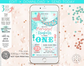 Mermaid electronic birthday under sea turquoise invitation smartphone e-vite first one online digital invite Instant download E160 03 160HPA