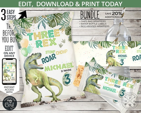 BUNDLE Dinosaur three rex chips bag, water labels, rice krispies wrap, dino T-Rex pack third 3rd birthday. Editable printables. 132HPA 43 Il_570xn