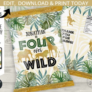 Jungle four ever wild chip bag, treat snacks bags, safari chip bag, chips pouch, gold, favors, birthday party editable template. 040HPA 30 E